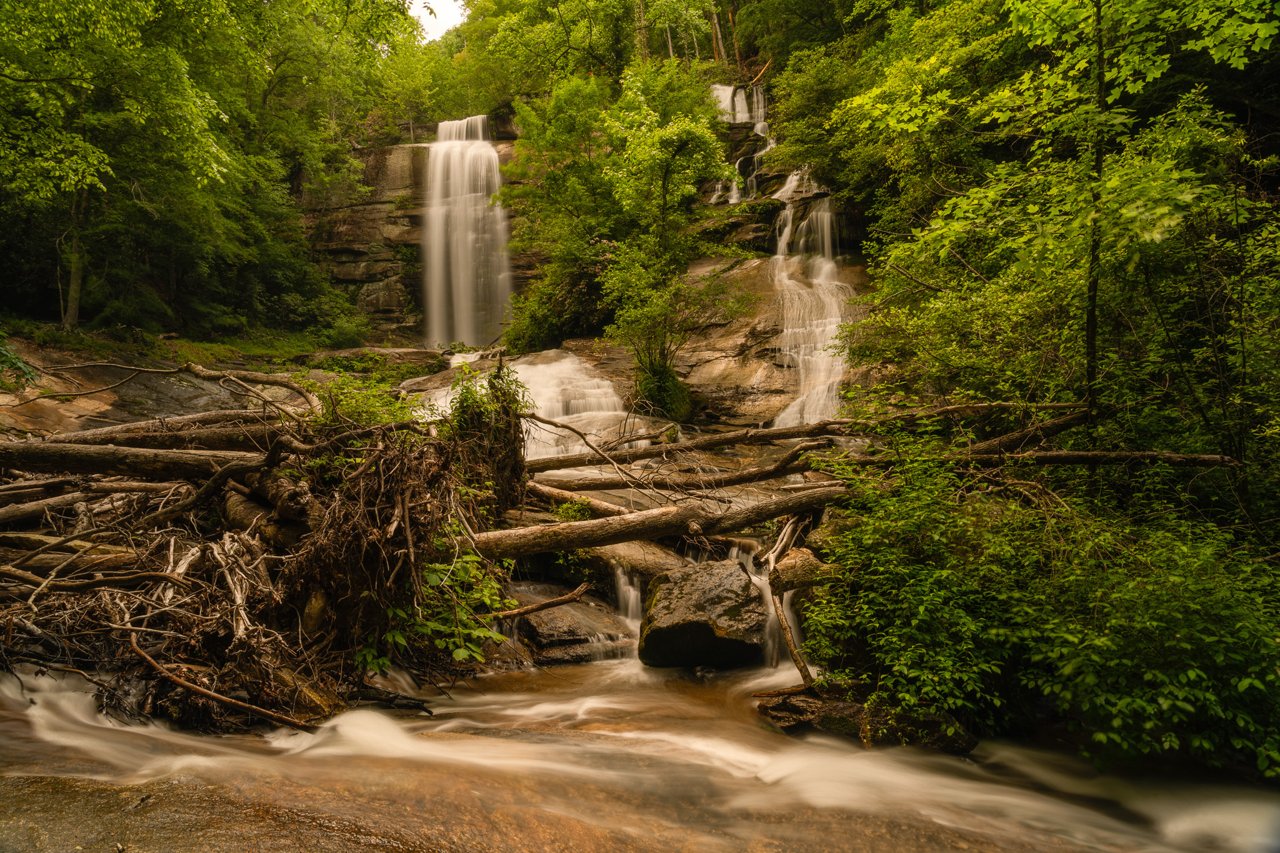 Two-tiered waterfall drops over layered rock ledges into a stream clogged with fallen logs, surrounded by dense green forest foliage.